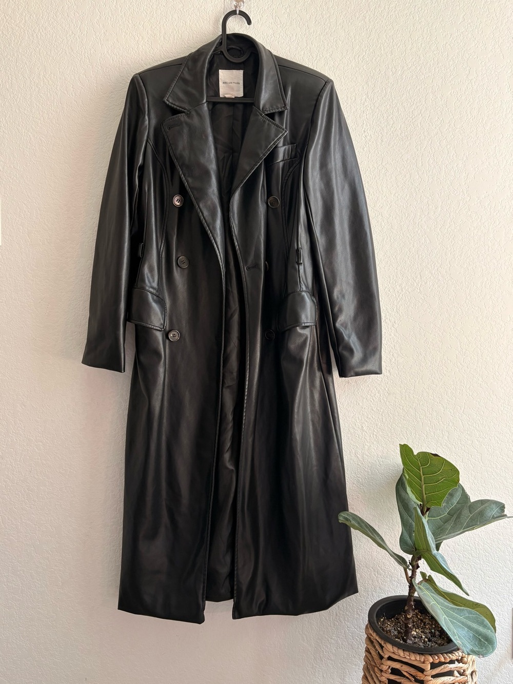 Avec Les Filles Black Faux Leather Maxi Trench Coat Double Breasted Jacket S